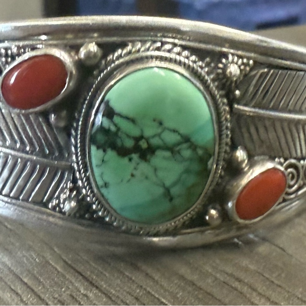 Turquoise and Coral Stone Silver Cuff Bracelet - Women Jewelry
